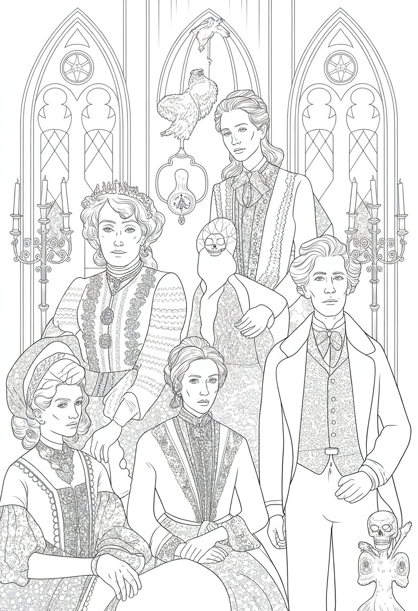 Gothic Coloring Pages for Adults: Top 20 Designs to Download as PDF and Png Files. 40 A group of formally posed family members wearing Victorian-era clothing, standing and sitting together with gothic architectural elements and symbolic motifs surrounding them.